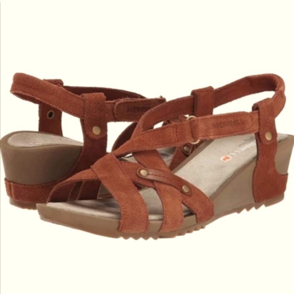 Merrell "Tortoise" Suede  Revalli Cross Leather Strappy Wedge Sandal Women's 10
